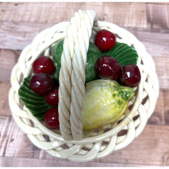 Vintage Italian Ceramic Fruit Basket With Lemons Apples Cherries & Woven Handle - Picture 4 of 5